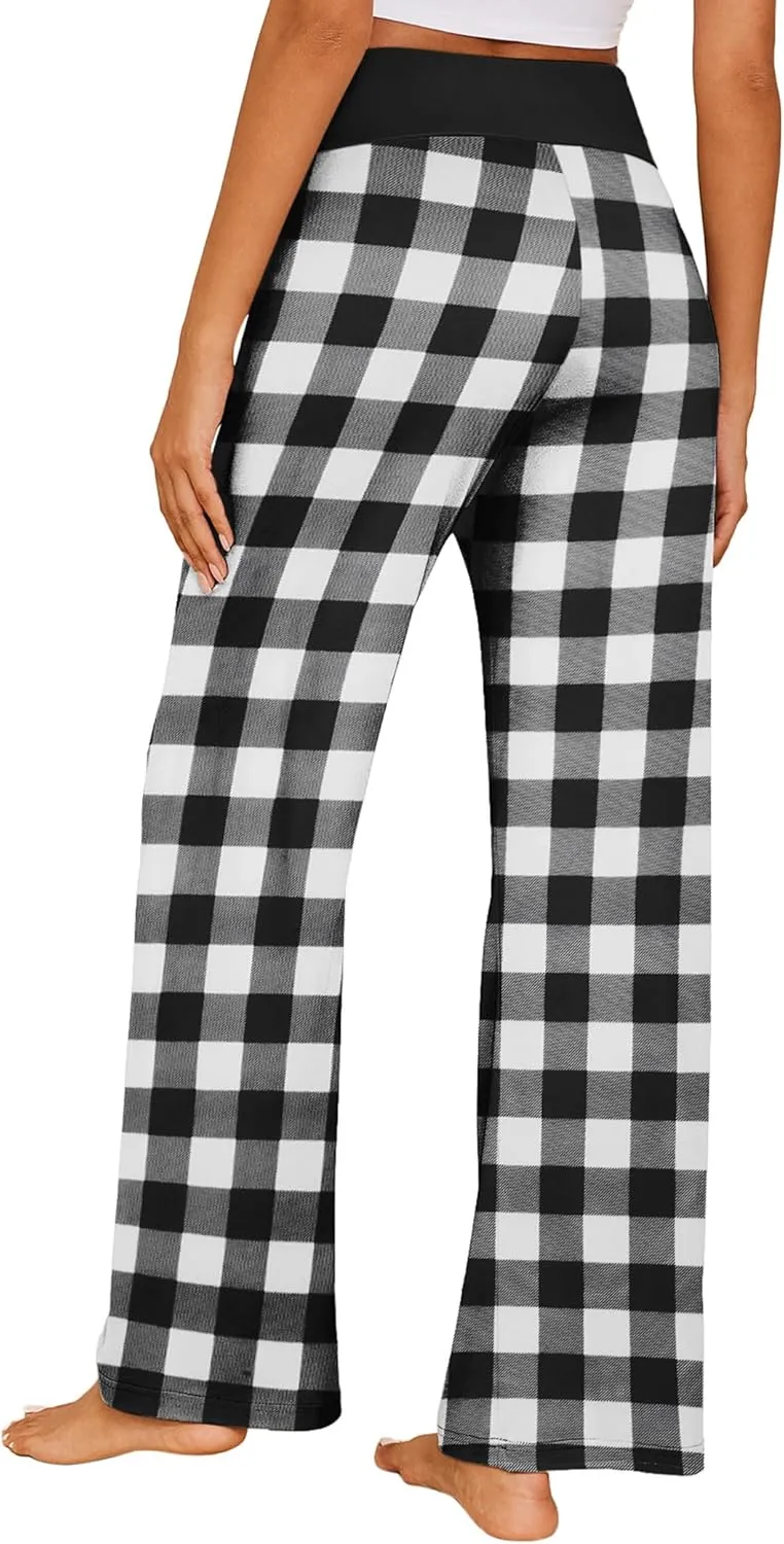 Ekouaer Women's Pajama Pants Wide Leg Yoga Pants Lounge Drawstring Pants Comfy Stretch Plaid Pj Bottoms