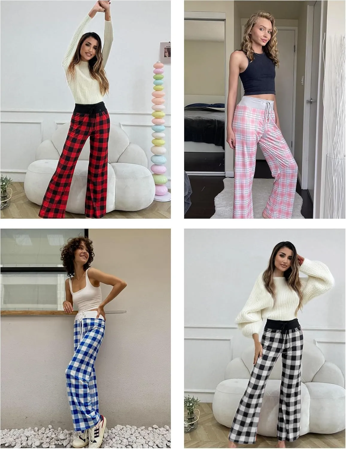Ekouaer Women's Pajama Pants Wide Leg Yoga Pants Lounge Drawstring Pants Comfy Stretch Plaid Pj Bottoms