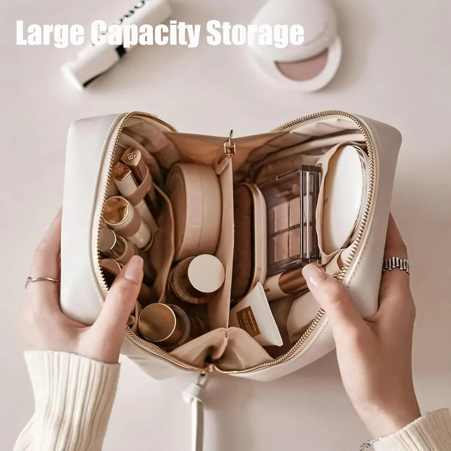 Eretinputc Makeup Bag, 2024 Upgrade Premium Eretinputc Makeup Bag, Travel Makeup Bag for Women, Portable PU Leather Waterproof Large Makeup Bag Toiletry Bag with Compartments (White)