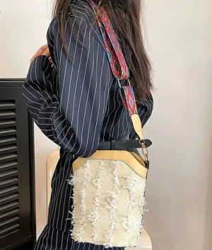 Ethnic Bucket Bags for Women Retro Canvas Bag Handbags Trendy Crossbody Bag Shoulder Purse 2024