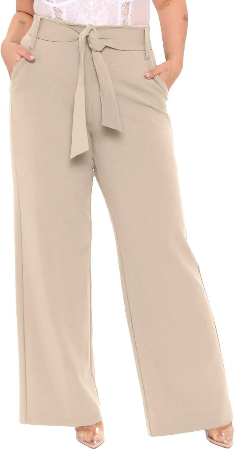 Eytino Womens Plus Size Stretch Dress Pants Comfy Wide Leg Belted Lounge Pants for Office, 1X-5X