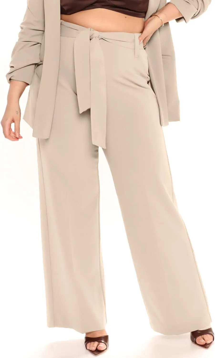Eytino Womens Plus Size Stretch Dress Pants Comfy Wide Leg Belted Lounge Pants for Office, 1X-5X