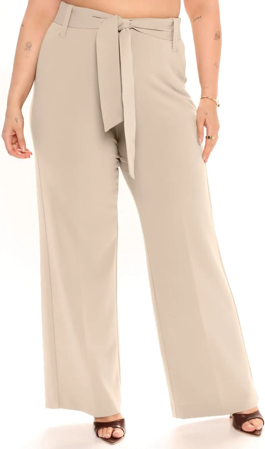 Eytino Womens Plus Size Stretch Dress Pants Comfy Wide Leg Belted Lounge Pants for Office, 1X-5X