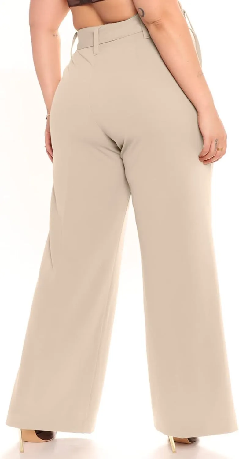 Eytino Womens Plus Size Stretch Dress Pants Comfy Wide Leg Belted Lounge Pants for Office, 1X-5X