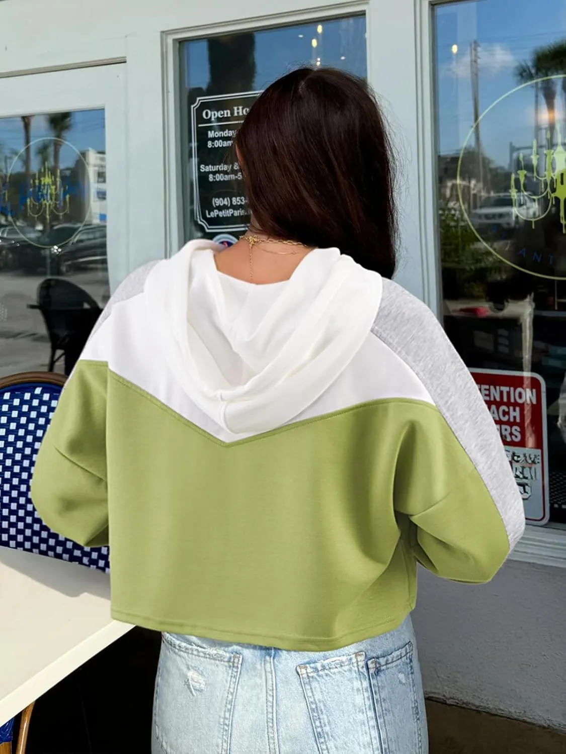 FAIRY SEASON Women Cropped Hoodies Long Sleeve Oversized Hooded Sweatshirt Color Block Crop Top Shirt Y2K Workout Pullover