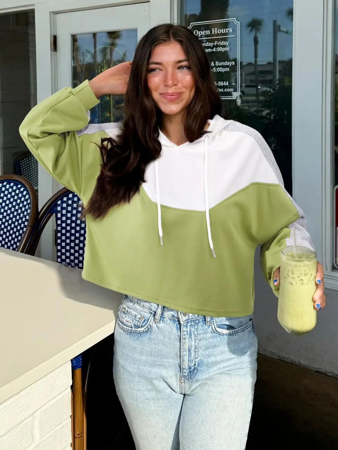 FAIRY SEASON Women Cropped Hoodies Long Sleeve Oversized Hooded Sweatshirt Color Block Crop Top Shirt Y2K Workout Pullover