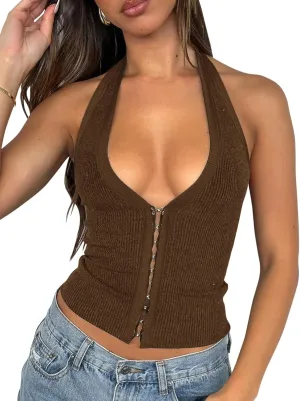 Fallorchid Womens Sleeveless Tank Tops Sexy Y2k Halter V Neck Ribbed Kint Crop Top