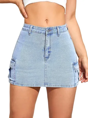 Floerns Women's Casual Buckled Belt Drop Waist Straight Denim Mini Skirt