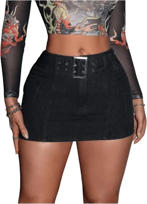 Floerns Women's Casual Buckled Belt Drop Waist Straight Denim Mini Skirt