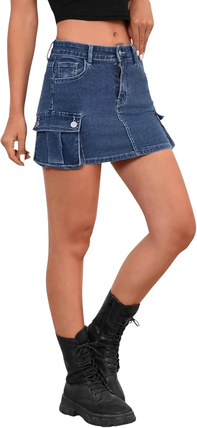 Floerns Women's Casual High Waist Flap Pocket Straight Cargo Denim Mini Skirt