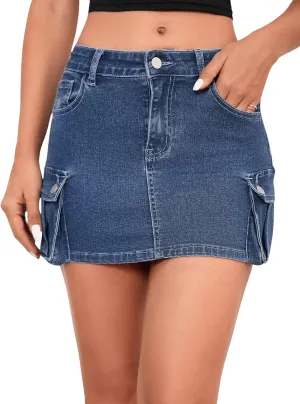 Floerns Women's Casual High Waist Flap Pocket Straight Cargo Denim Mini Skirt