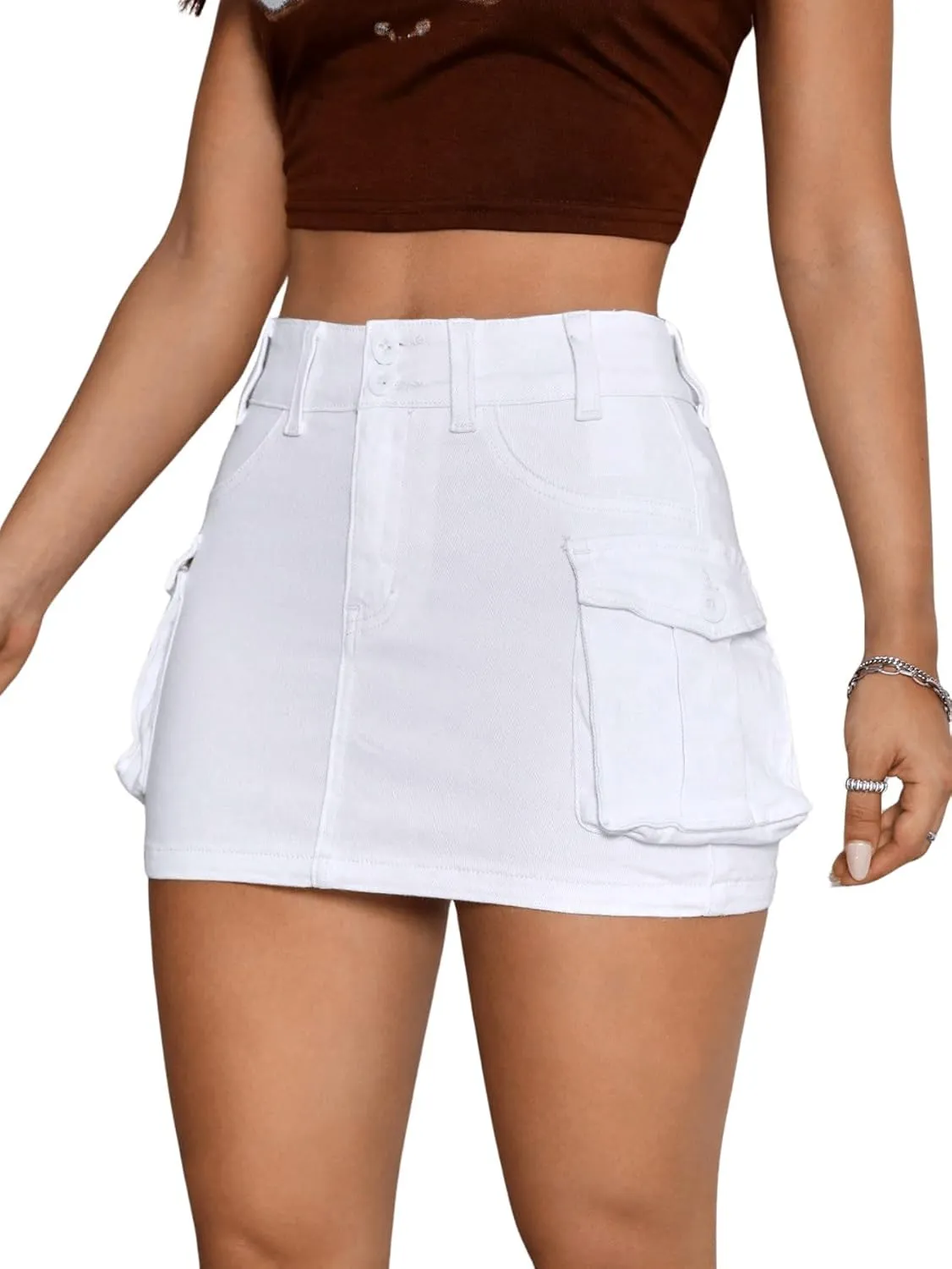 Floerns Women's Casual High Waist Flap Pocket Straight Cargo Denim Mini Skirt