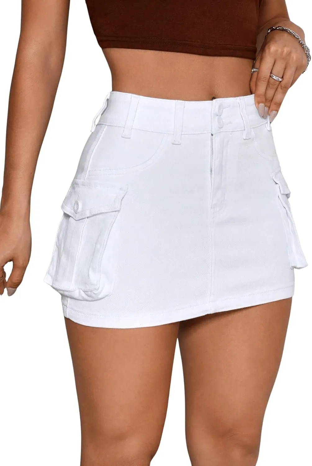 Floerns Women's Casual High Waist Flap Pocket Straight Cargo Denim Mini Skirt