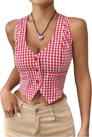 Floerns Women's Gingham Print Sleeveless Waistcoat V Neck Button Down Crop Tank Top