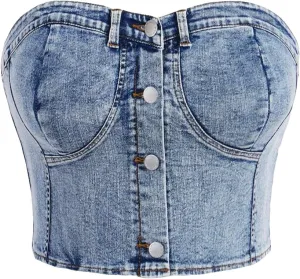 Floerns Women's Plus Size Button Down Denim Tube Top Shirred Strapless Jean Tops
