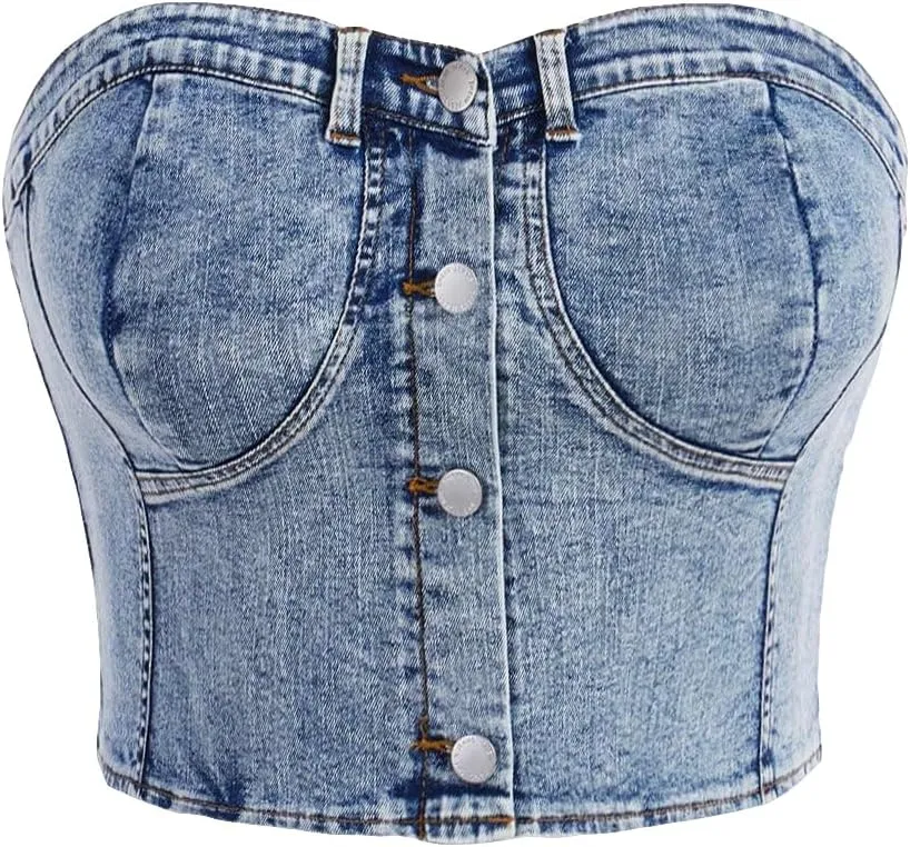 Floerns Women's Plus Size Button Down Denim Tube Top Shirred Strapless Jean Tops