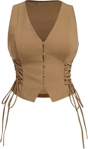 Floerns Women's Plus Size Sleeveless Button Down Vest Lace Up Side V Neck Tank Top