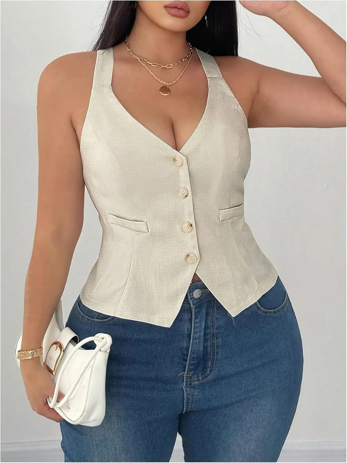 Floerns Women's Plus Size Sleeveless Button Front Waistcoat Office V Neck Tank Tops