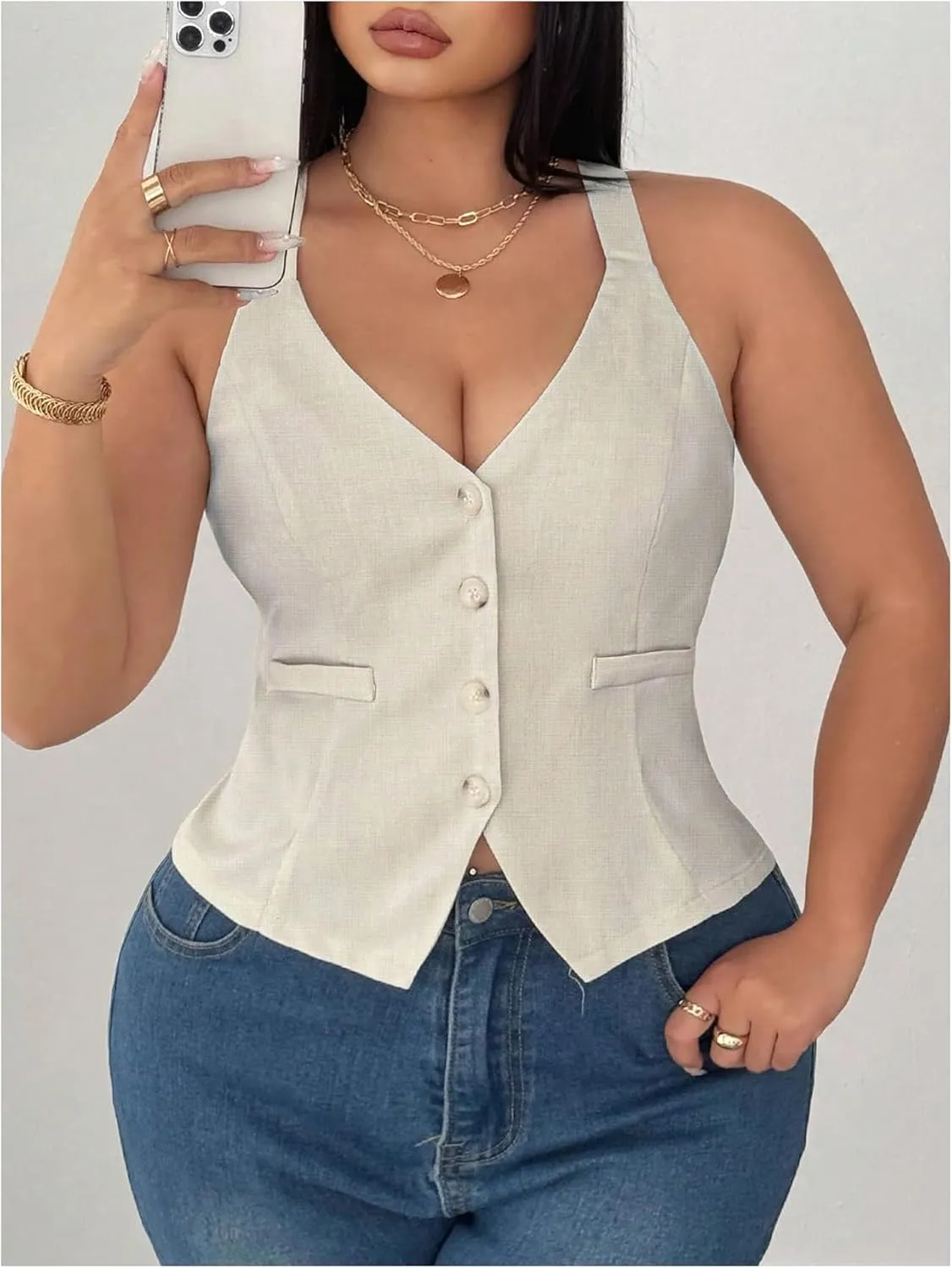 Floerns Women's Plus Size Sleeveless Button Front Waistcoat Office V Neck Tank Tops