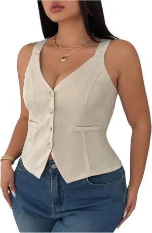 Floerns Women's Plus Size Sleeveless Button Front Waistcoat Office V Neck Tank Tops