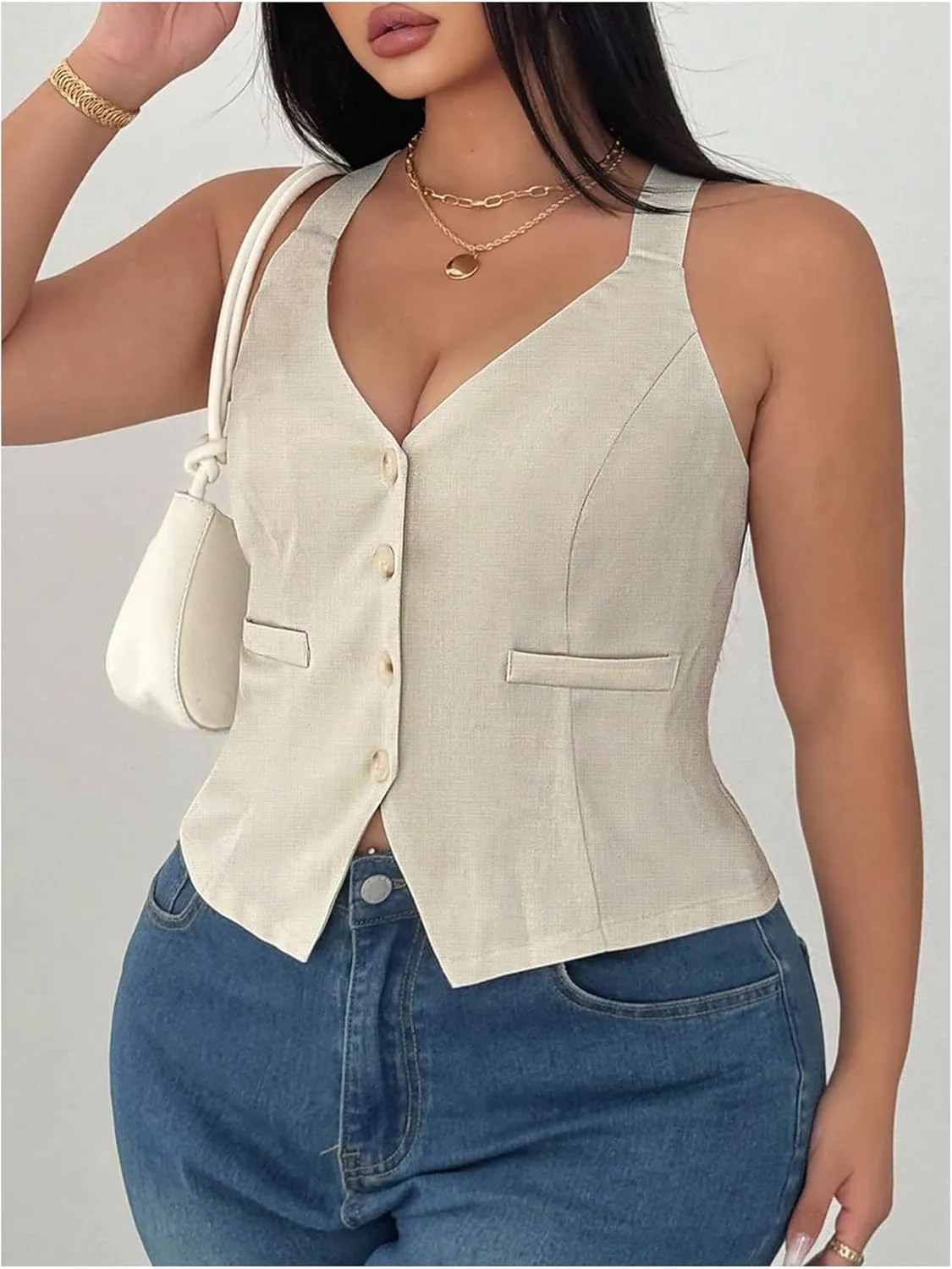 Floerns Women's Plus Size Sleeveless Button Front Waistcoat Office V Neck Tank Tops