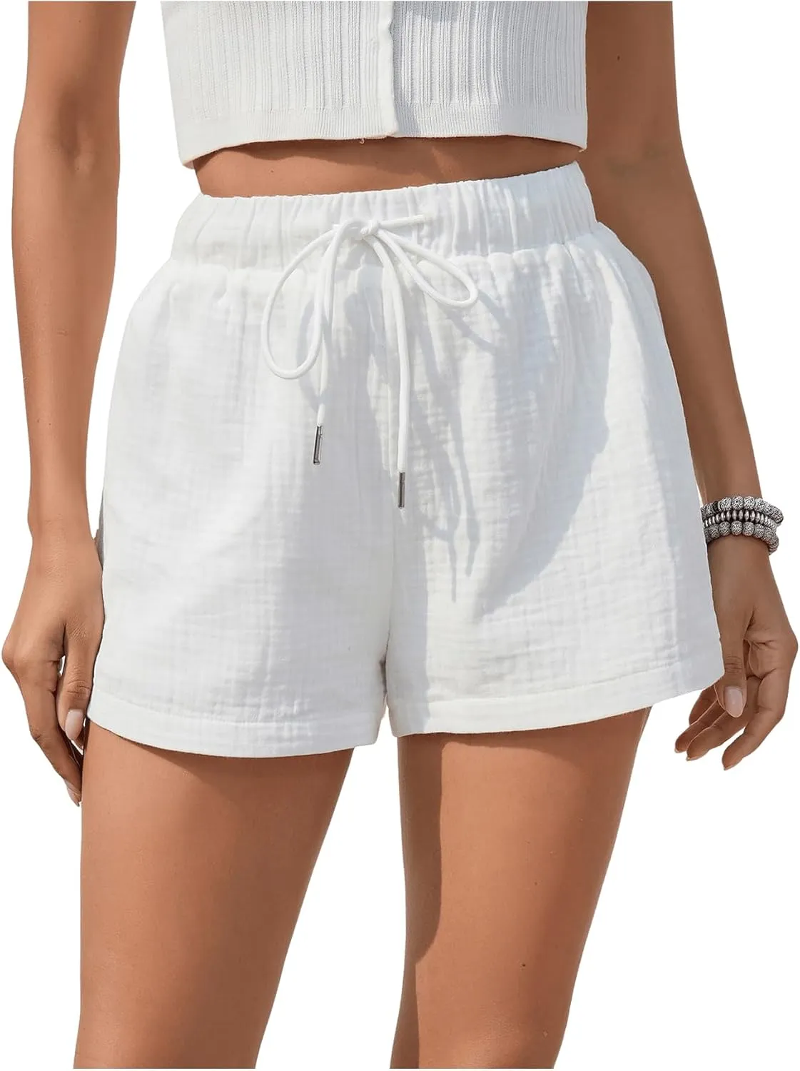 Floerns Women's Solid Drawstring High Waist Wide Leg Workout Shorts