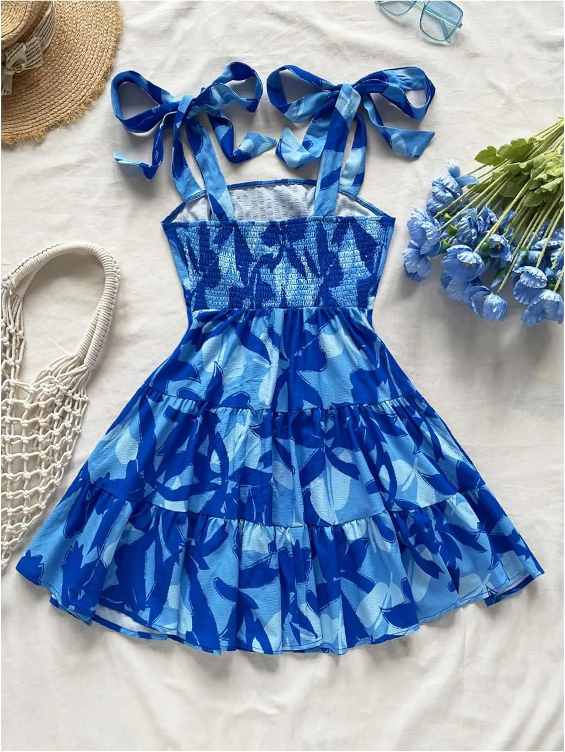 Floerns Women's Summer Floral Print Tie Shoulder Cami Dress Flare Hem Boho Mini Dress