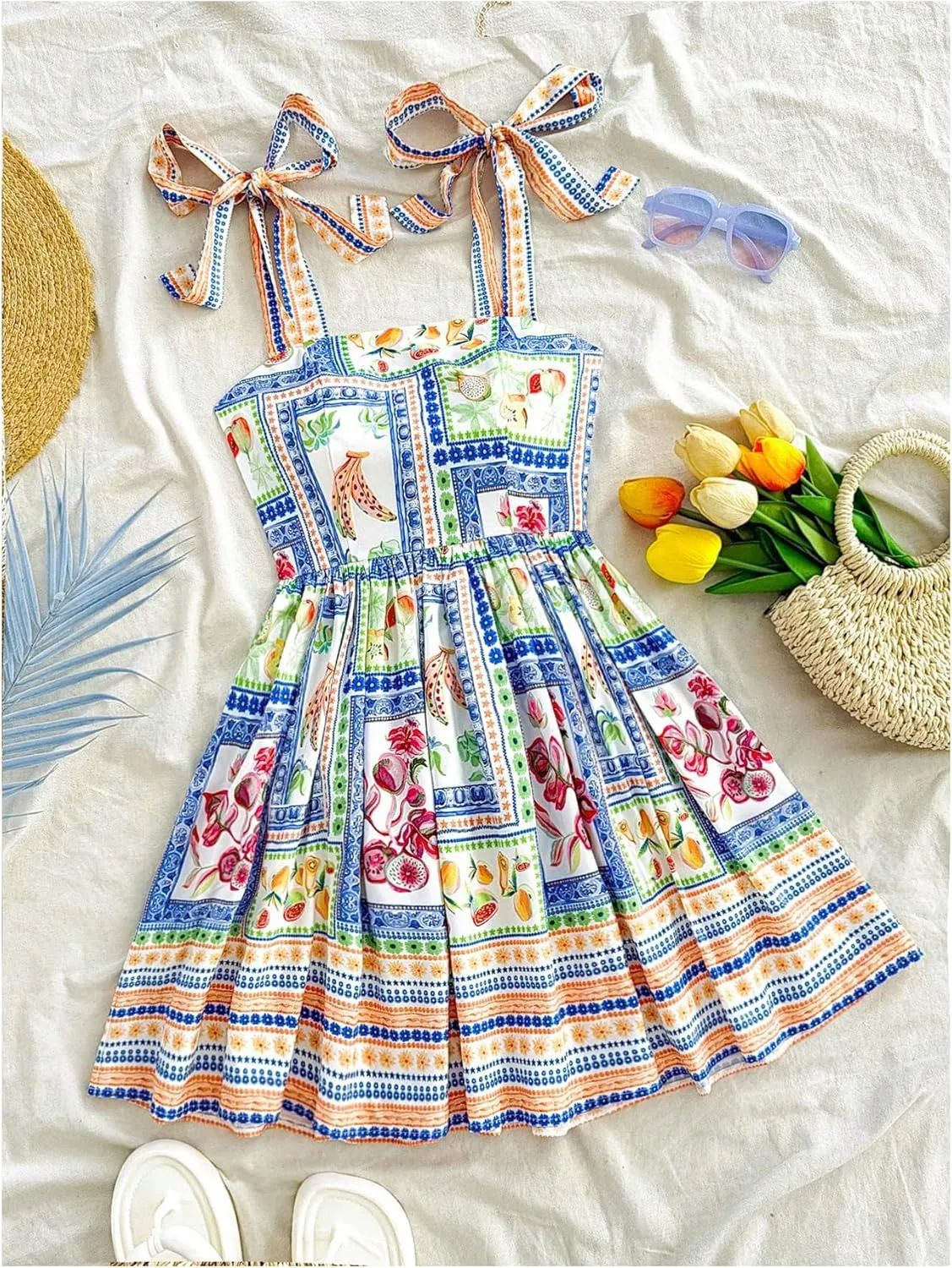 Floerns Women's Summer Floral Print Tie Shoulder Cami Dress Flare Hem Boho Mini Dress