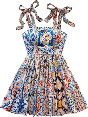 Floerns Women's Summer Floral Print Tie Shoulder Cami Dress Flare Hem Boho Mini Dress