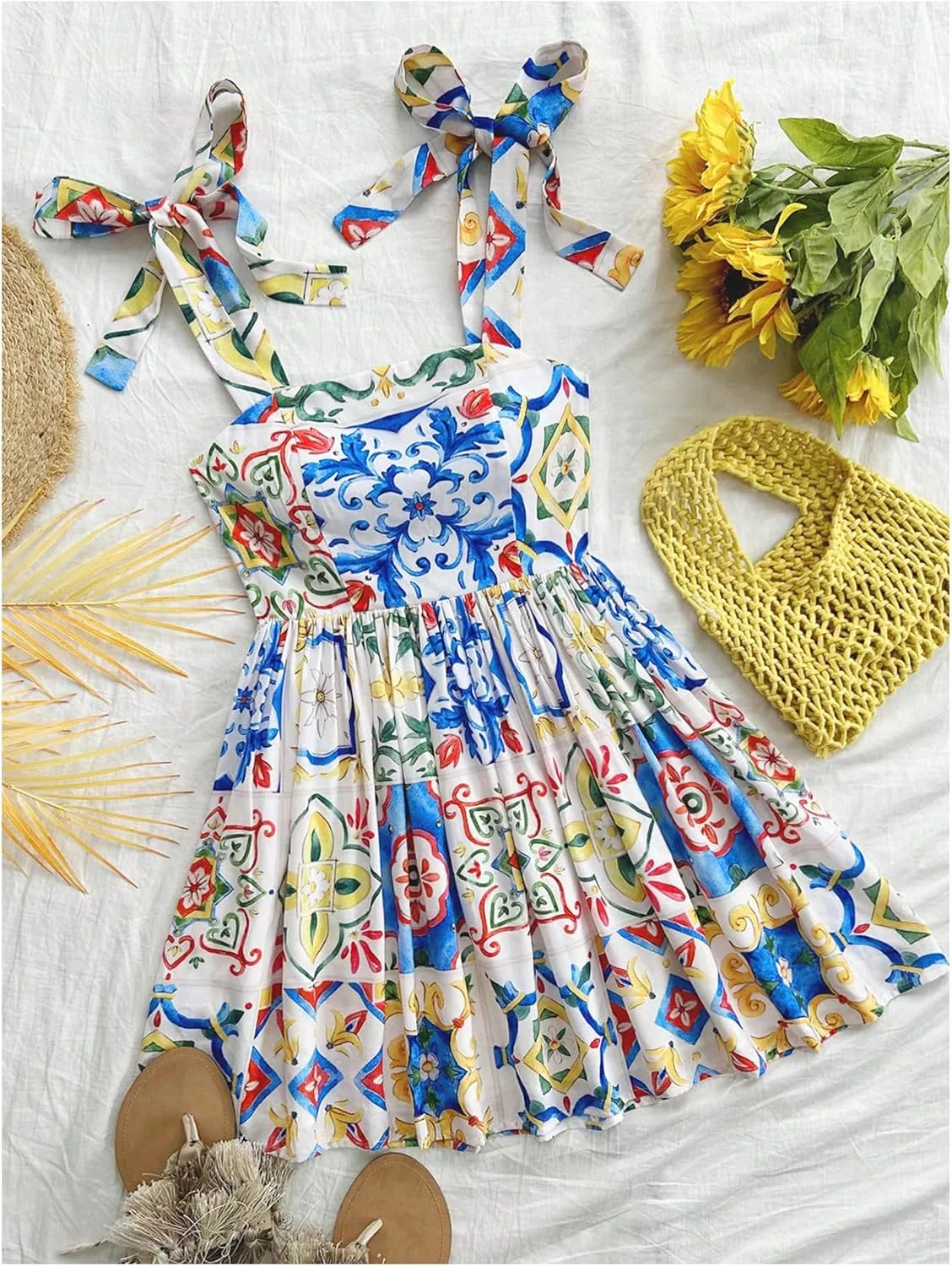 Floerns Women's Summer Floral Print Tie Shoulder Cami Dress Flare Hem Boho Mini Dress