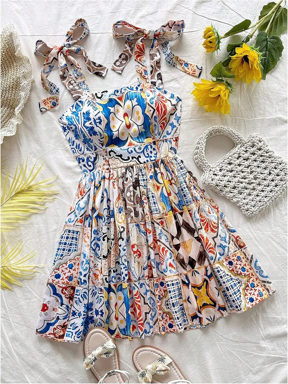 Floerns Women's Summer Floral Print Tie Shoulder Cami Dress Flare Hem Boho Mini Dress