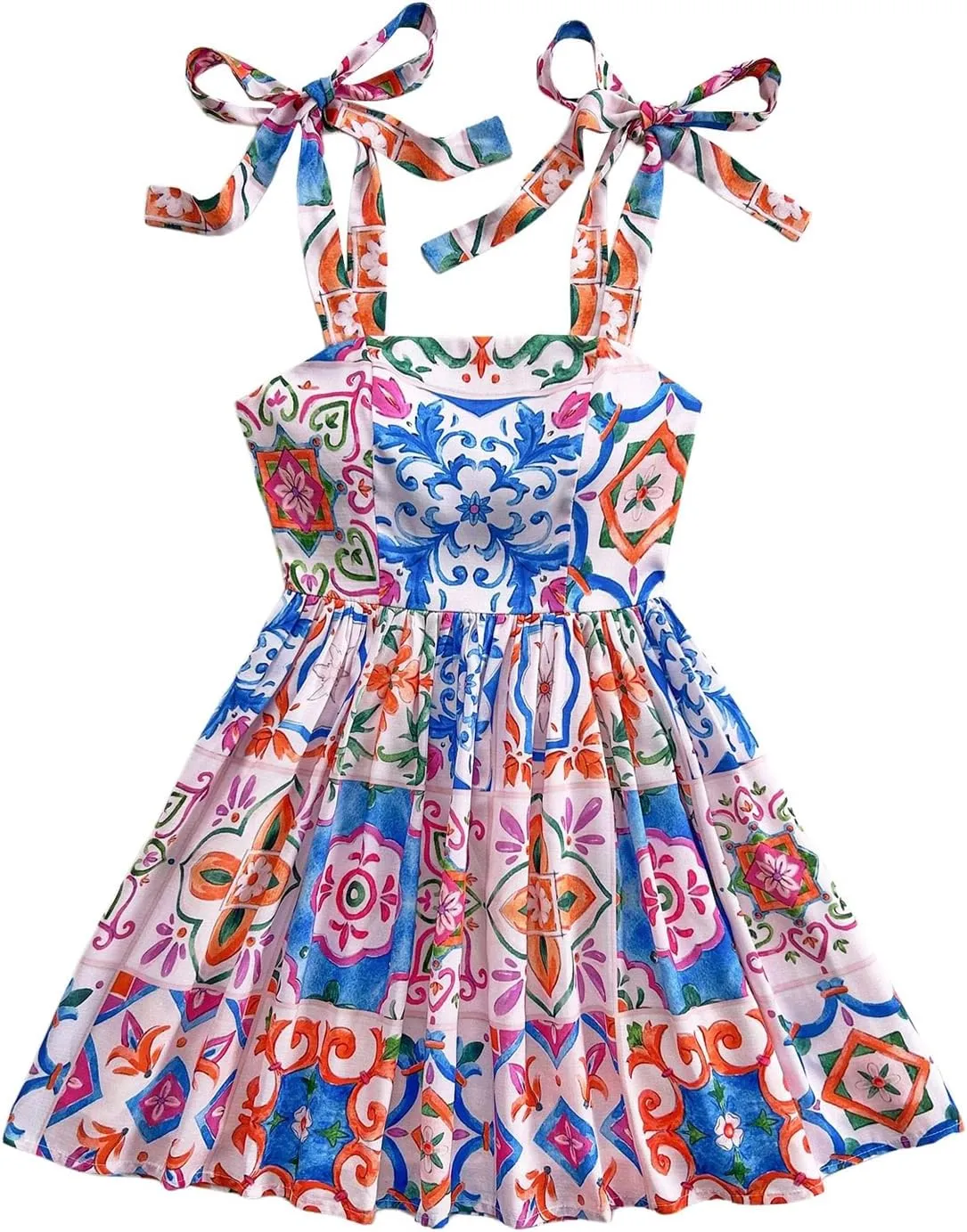 Floerns Women's Summer Floral Print Tie Shoulder Cami Dress Flare Hem Boho Mini Dress