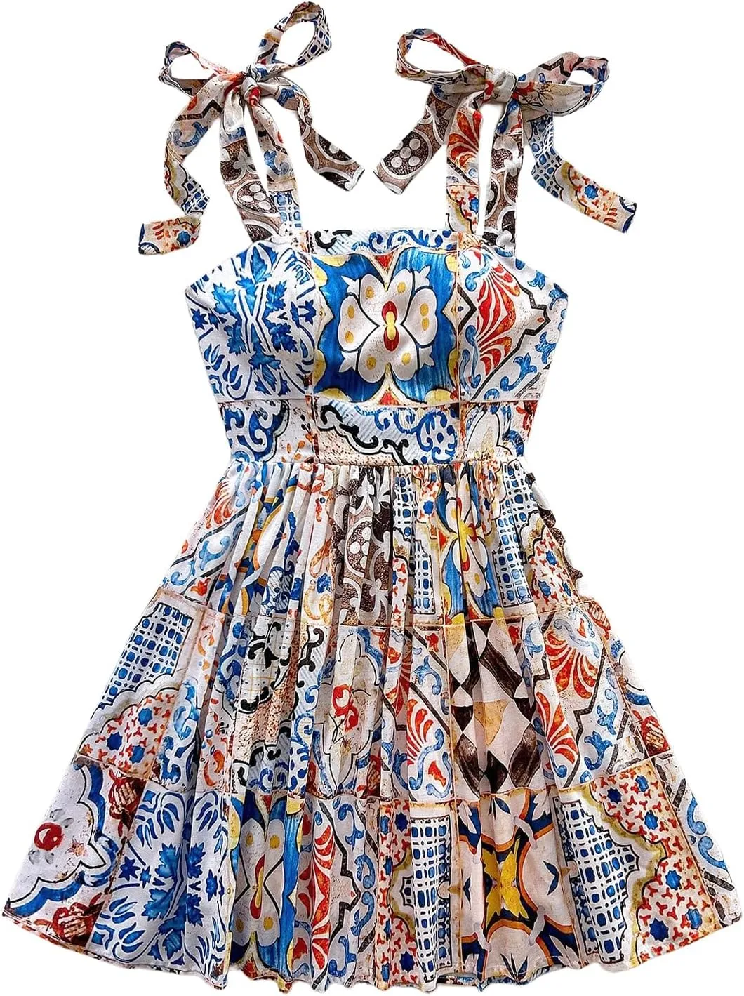 Floerns Women's Summer Floral Print Tie Shoulder Cami Dress Flare Hem Boho Mini Dress