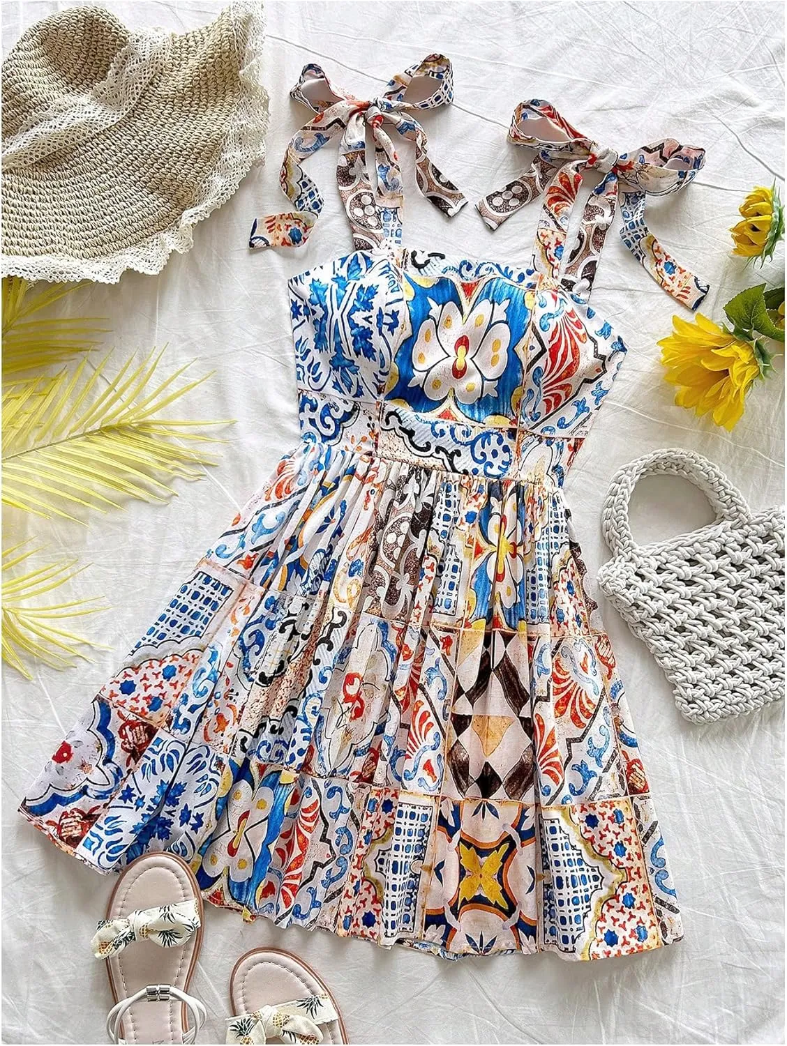 Floerns Women's Summer Floral Print Tie Shoulder Cami Dress Flare Hem Boho Mini Dress