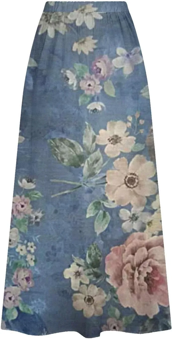 Floral Print High Elastic Waisted Maxi Skirt for Women Pleated with Pockets Bohemian Style Casual Summer Outfit