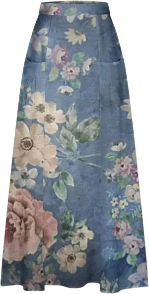 Floral Print High Elastic Waisted Maxi Skirt for Women Pleated with Pockets Bohemian Style Casual Summer Outfit