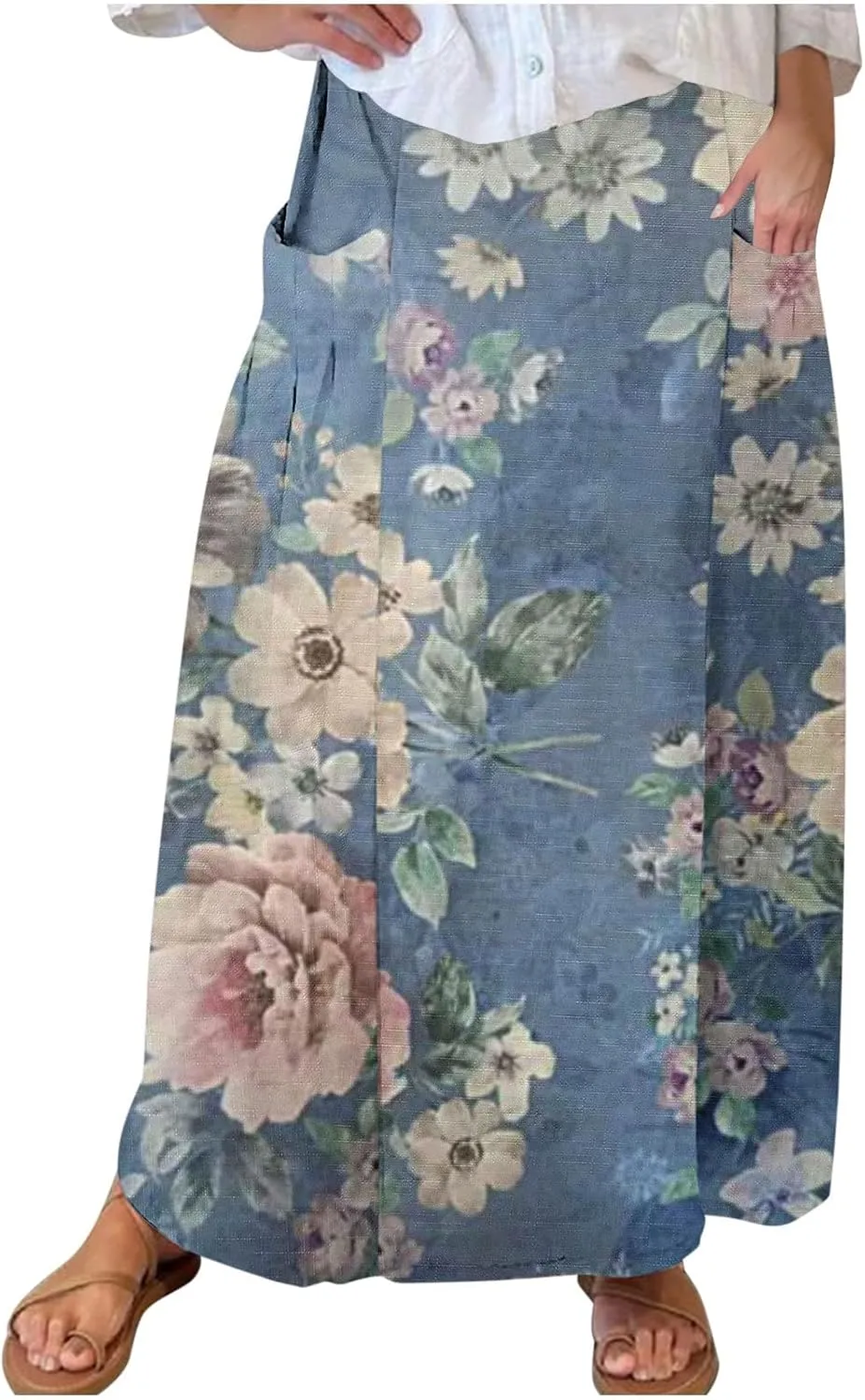 Floral Print High Elastic Waisted Maxi Skirt for Women Pleated with Pockets Bohemian Style Casual Summer Outfit
