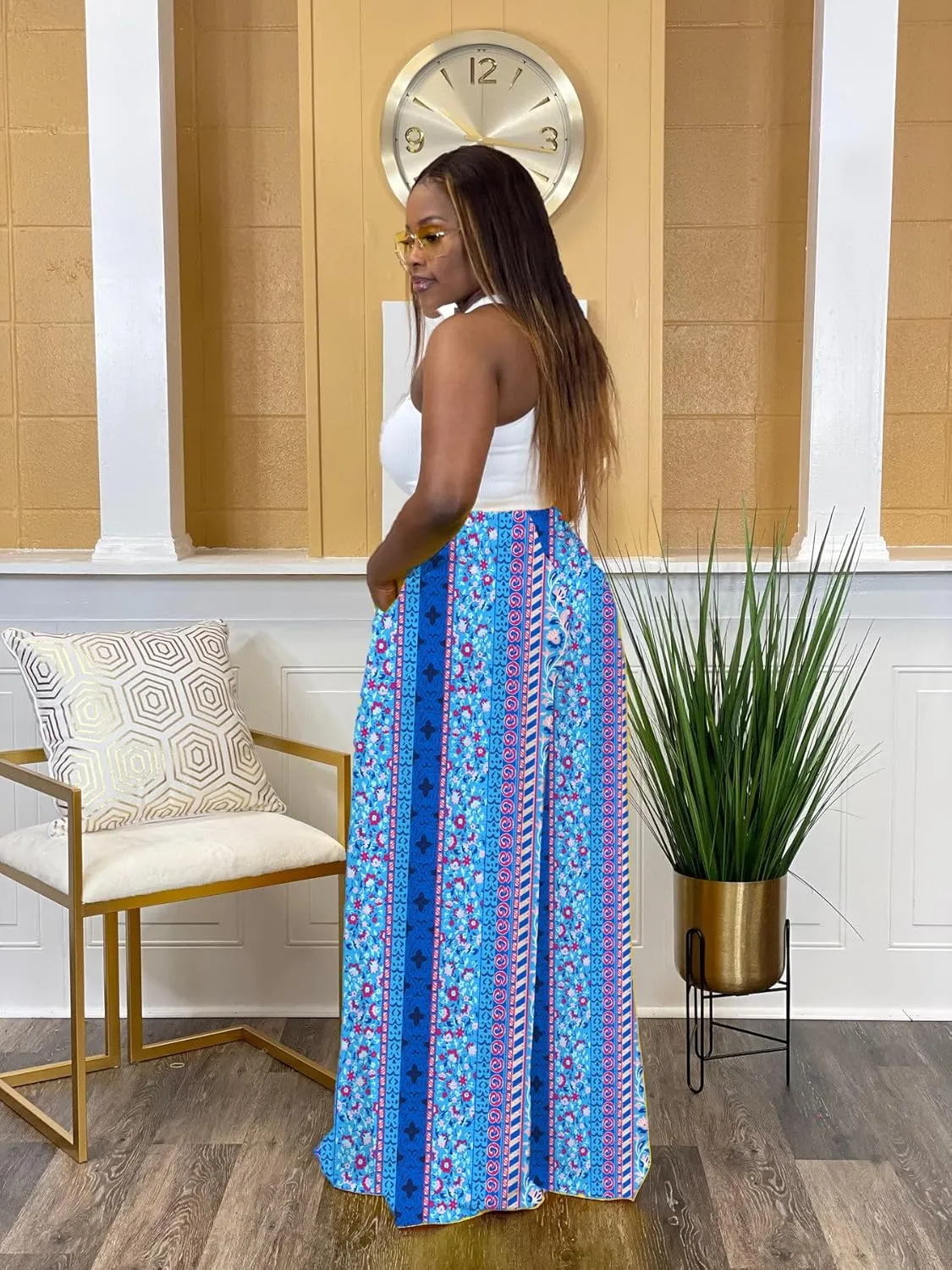 Flowy Pants for Women Casual High Waisted Wide Leg Palazzo Pants Trousers with Pocket Plus Size