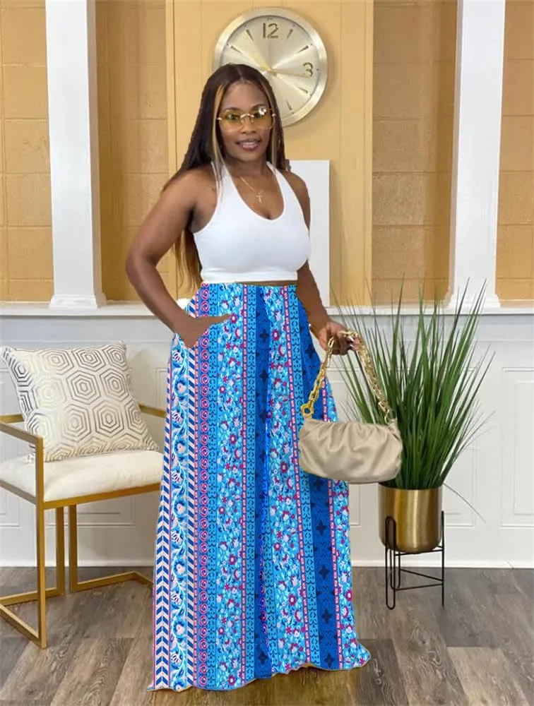 Flowy Pants for Women Casual High Waisted Wide Leg Palazzo Pants Trousers with Pocket Plus Size