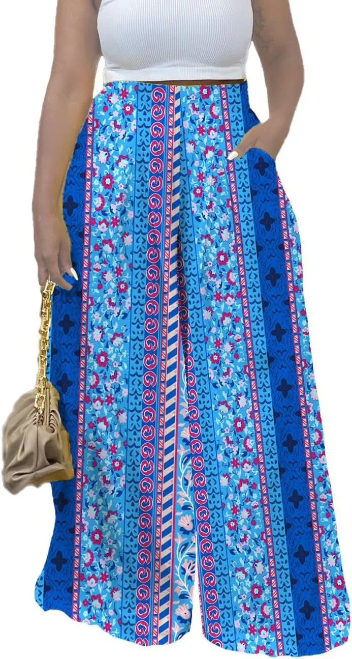 Flowy Pants for Women Casual High Waisted Wide Leg Palazzo Pants Trousers with Pocket Plus Size