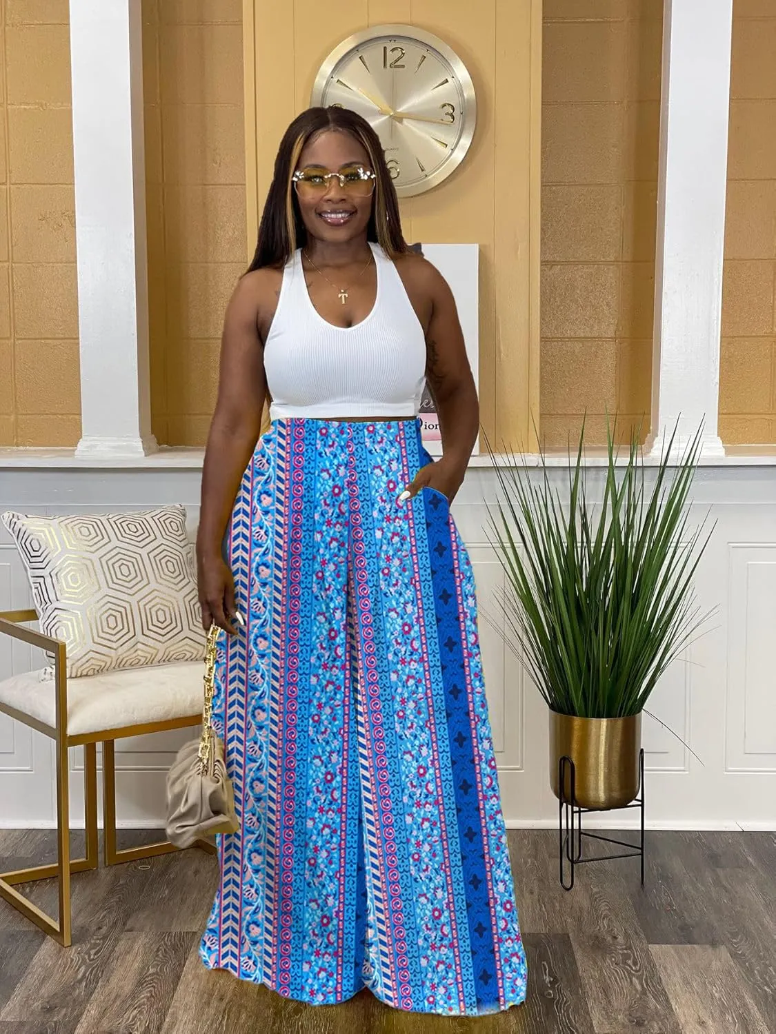 Flowy Pants for Women Casual High Waisted Wide Leg Palazzo Pants Trousers with Pocket Plus Size