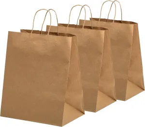 FMP Brands 100 Pack 10x7x12 Inches Kraft Paper Gift Bags with Handles Bulk, Durable Brown Paper Bags for Party Favors, Craft Gift Bag for Birthday Packaging, Small Business and Shopping Lunch