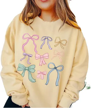 FOMOYUU Women's Bow Trim Print Hoodies Sweatshirts Oversized Long Sleeve Hooded Y2k Graphic Drop Shoulder Pullover Top
