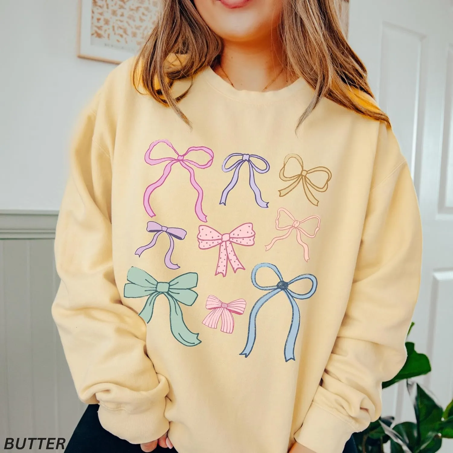 FOMOYUU Women's Bow Trim Print Hoodies Sweatshirts Oversized Long Sleeve Hooded Y2k Graphic Drop Shoulder Pullover Top