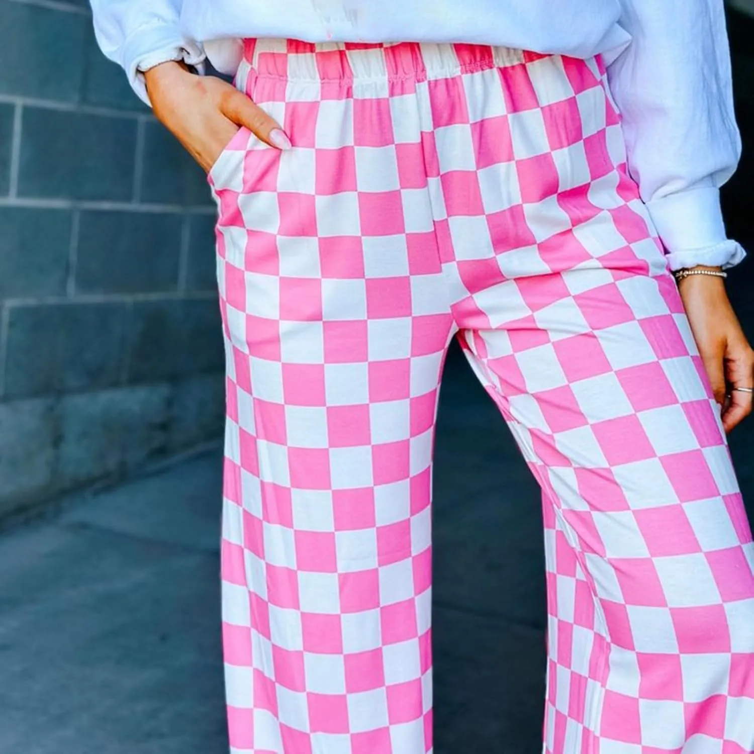 FOMOYUU Womens Gingham Wide Leg Pants Trendy Elastic High Waist Loose Checkerboard Trousers Casual Bottoms Loungewear