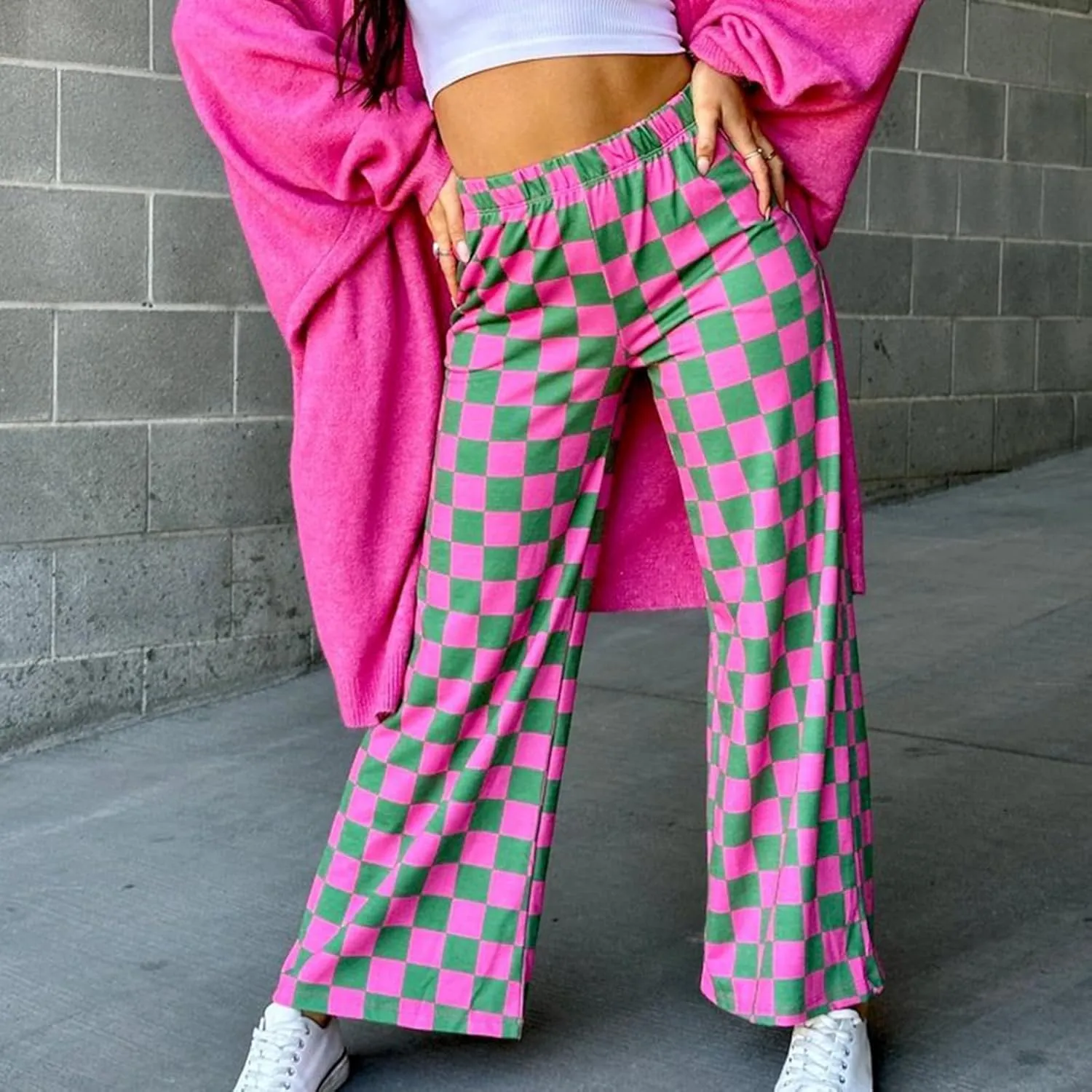 FOMOYUU Womens Gingham Wide Leg Pants Trendy Elastic High Waist Loose Checkerboard Trousers Casual Bottoms Loungewear