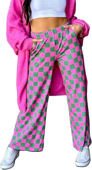 FOMOYUU Womens Gingham Wide Leg Pants Trendy Elastic High Waist Loose Checkerboard Trousers Casual Bottoms Loungewear