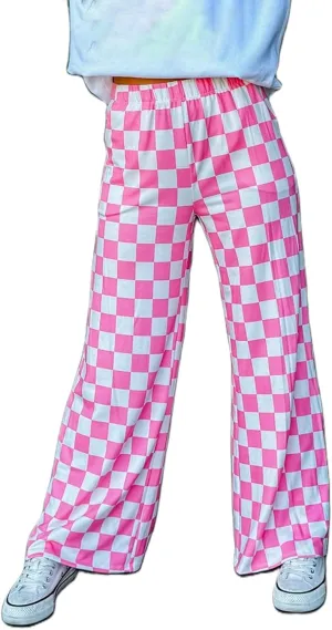 FOMOYUU Womens Gingham Wide Leg Pants Trendy Elastic High Waist Loose Checkerboard Trousers Casual Bottoms Loungewear