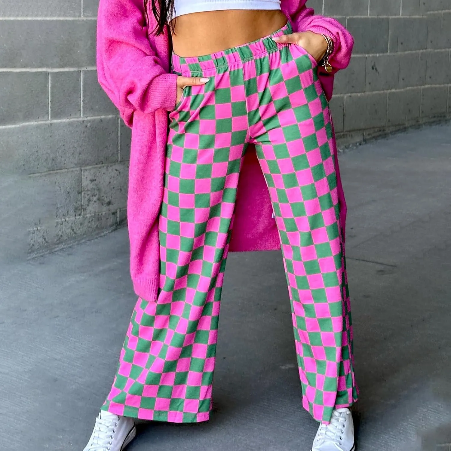 FOMOYUU Womens Gingham Wide Leg Pants Trendy Elastic High Waist Loose Checkerboard Trousers Casual Bottoms Loungewear