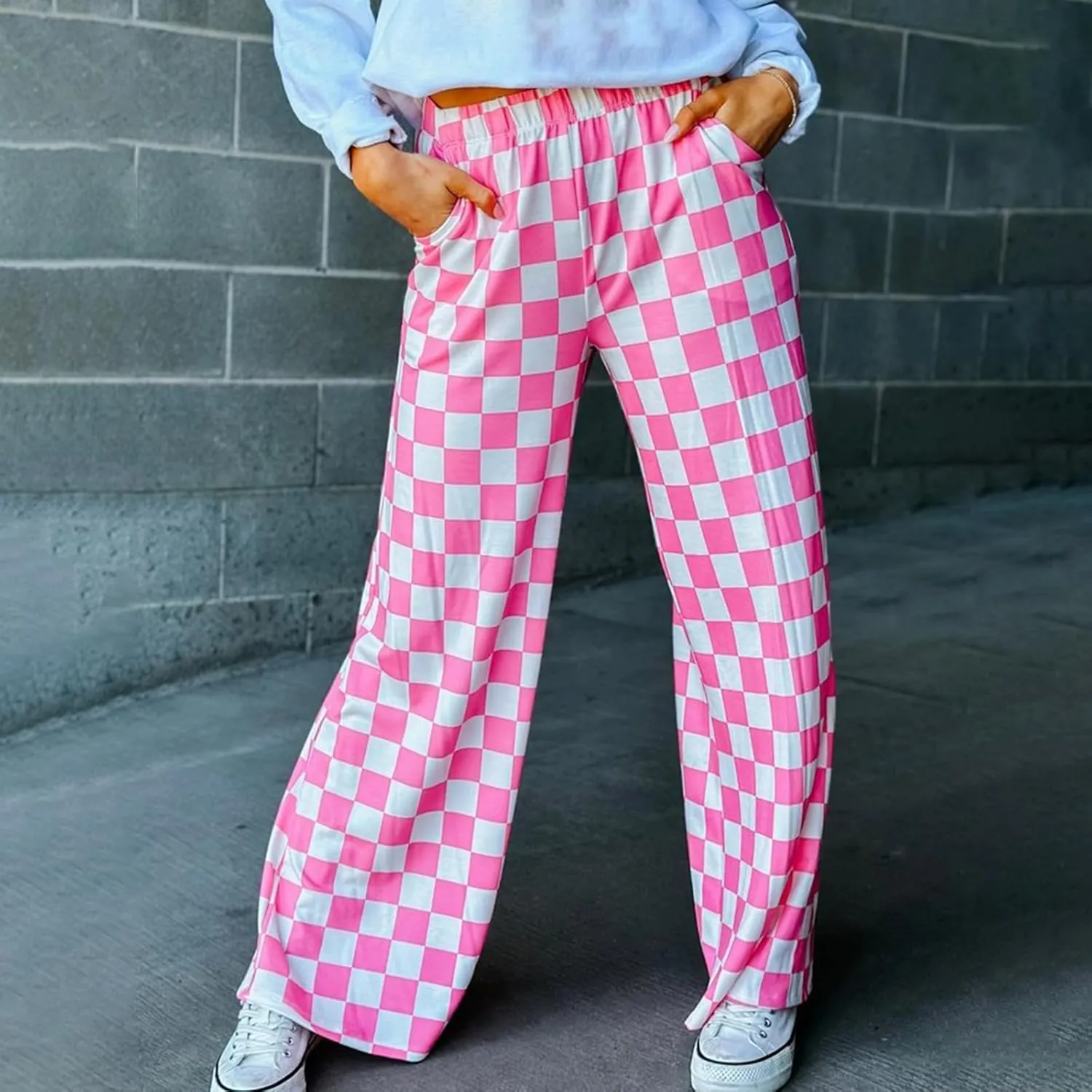 FOMOYUU Womens Gingham Wide Leg Pants Trendy Elastic High Waist Loose Checkerboard Trousers Casual Bottoms Loungewear